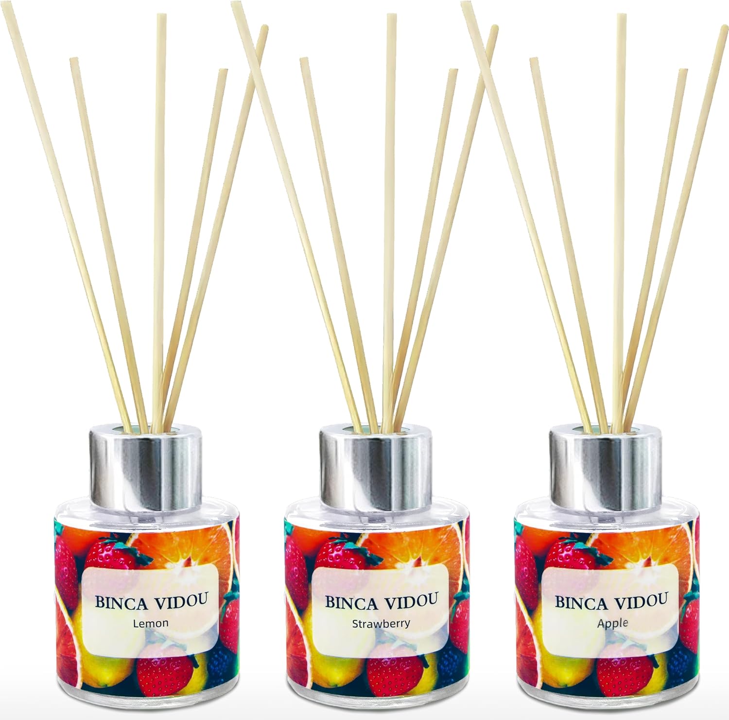 binca vidou Reed Diffuser 50ml Pack of 3 - Lemon Apple Strawberry Scented Oil Reed Diffuser Set with 12 Sticks - 50 Days Lasting & Strong Aroma - Home Fragrance Diffuser for Bedroom Bathroom Office-0