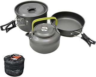 JZK Camp Cookware 2-3 People Set, Pan Pot Teapot Lightweight Outdoor Portable Camping Cooker Set for Trekking Hiking BBQ Picnic Campfire