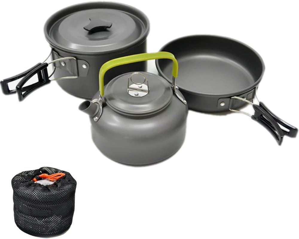 JZK Camp Cookware 2-3 People Set, Pan Pot Teapot Lightweight Outdoor Portable Camping Cooker Set for Trekking Hiking BBQ Picnic Campfire-0