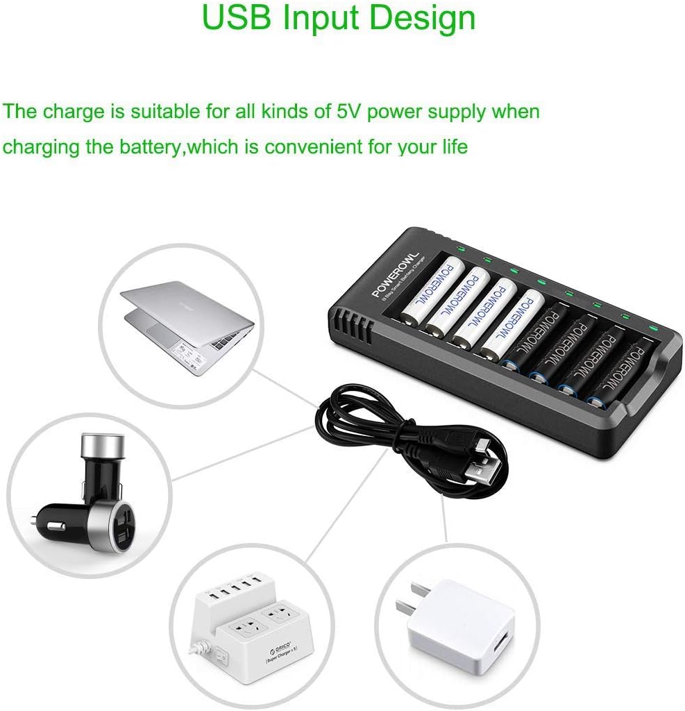 Powerowl AA & AAA Rechargeable Batteries with Charger, 4 Pcs AA 2800mAh & 4 Pcs AAA 1000mAh Ni-MH Batteries with 8 Slot Battery Charger (USB Fast Charging, Independent Slot)-4