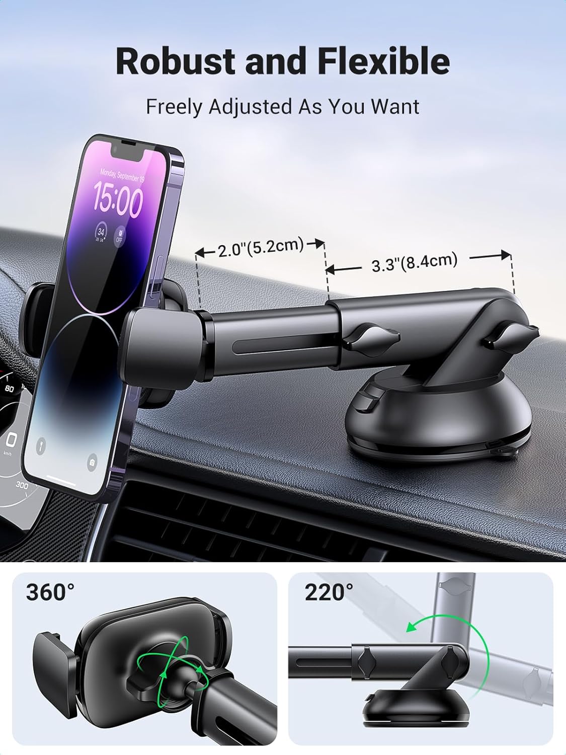 UGREEN Car Phone Holder Windscreen Mount Dashboard Phone Automobile Cradles Superior Suction Cup 360°Adjustable Long Arm Compatible with iPhone 16 Pro Max 15 14 13 12 11 SE, Galaxy S24 S23(Black)-3