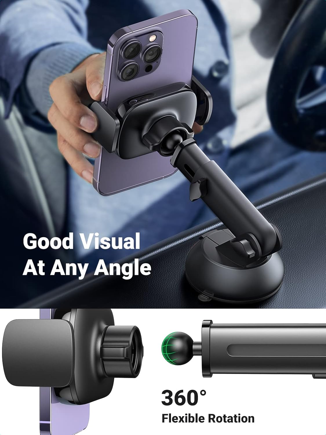 UGREEN Car Phone Holder Windscreen Mount Dashboard Phone Automobile Cradles Superior Suction Cup 360°Adjustable Long Arm Compatible with iPhone 16 Pro Max 15 14 13 12 11 SE, Galaxy S24 S23(Black)-6