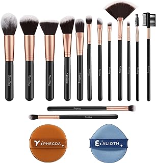 Nestling Makeup Brushes Rose Golden 14 Pcs Makeup Brush Set with 2 Powder Puffs Premium Synthetic Kabuki Brushes for Foundation Face Powder Blush Eyesshadow Cruelty- Free