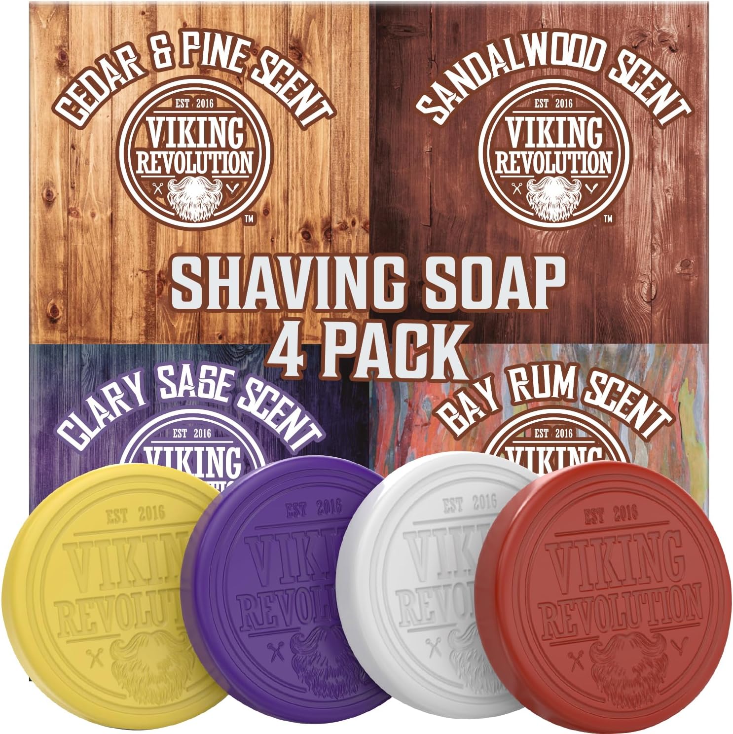 Viking Revolution - Shaving Soap - 4 Pack Variety Sandalwood, Cedar Pine, Clary Sage, Bay Rum - Smooth Wet Shave - Gifts For Men - 4 x 70 g-0