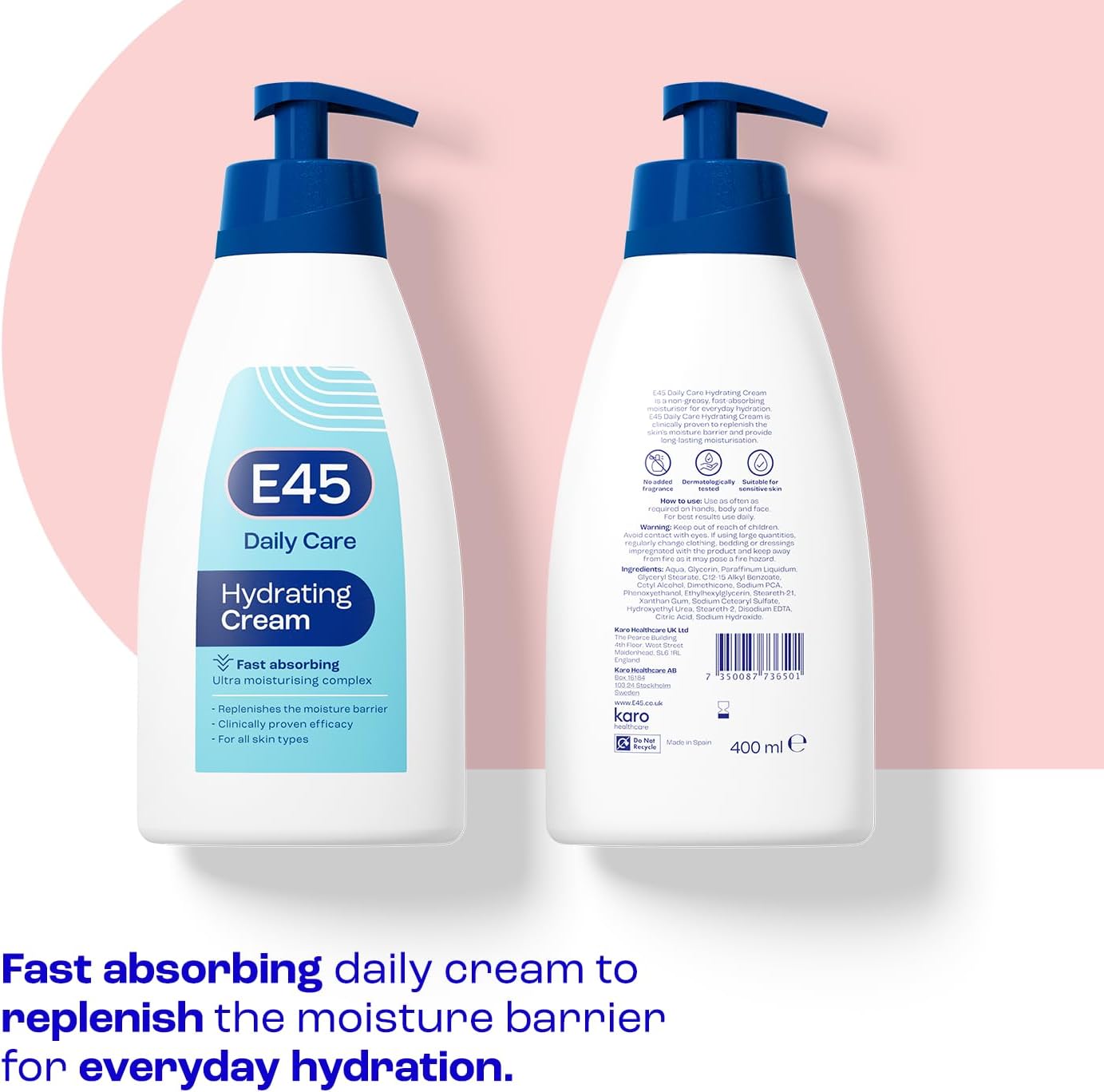 E45 Daily Cream 400 ml – E45 Cream for Very Dry Skin – Sooth Dryness, Smooth Rough Skin – Non-Greasy Moisturiser - Perfume-Free Body Face Hand Cream - Fast Absorption - Dermatologically Tested-2