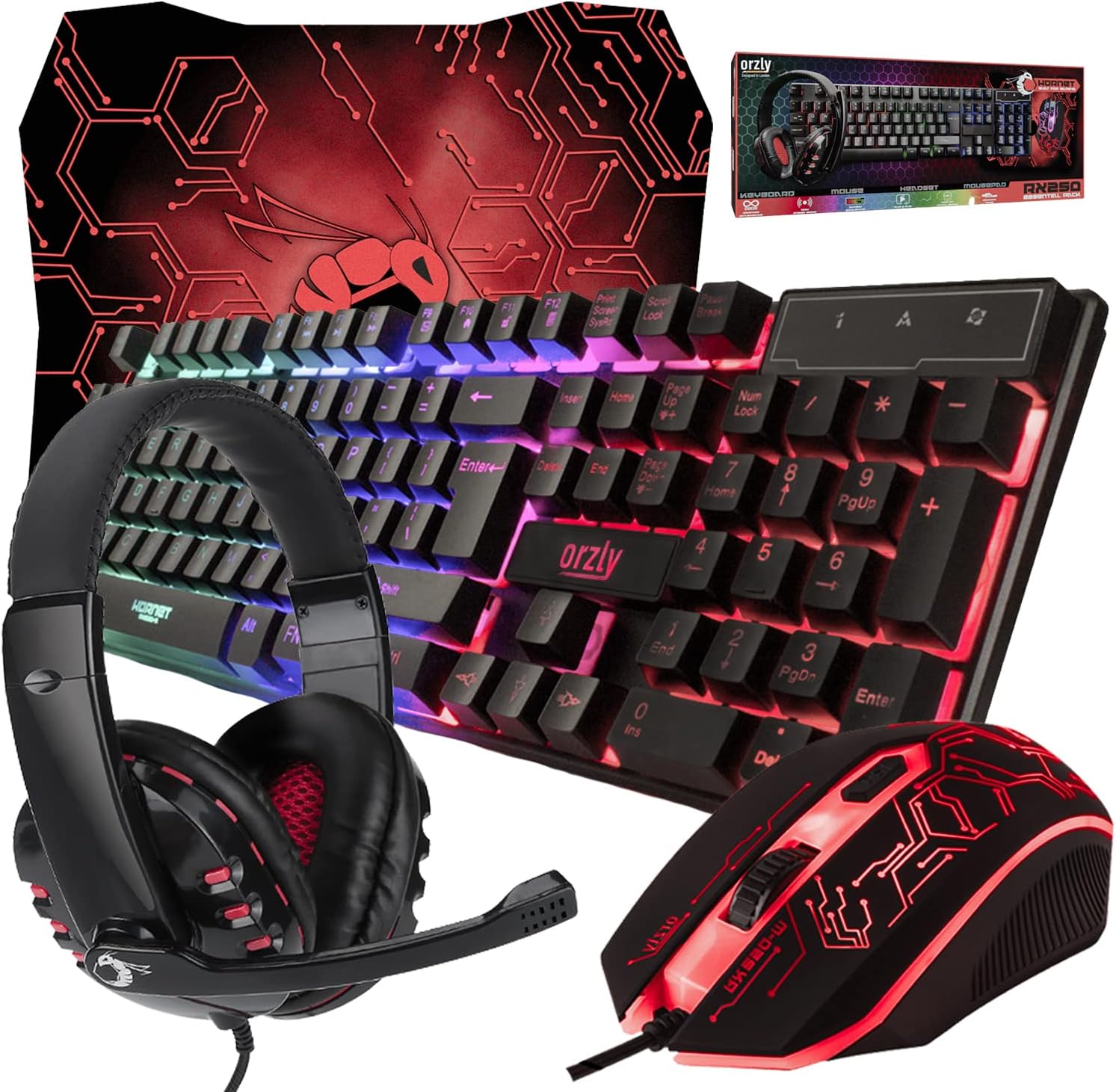 Gaming Keyboard and Mouse and Mouse pad and Gaming Headset, Wired LED RGB Backlight Bundle for PC Gamers Users - 4 in 1 Gift Box Edition Hornet RX-250-0