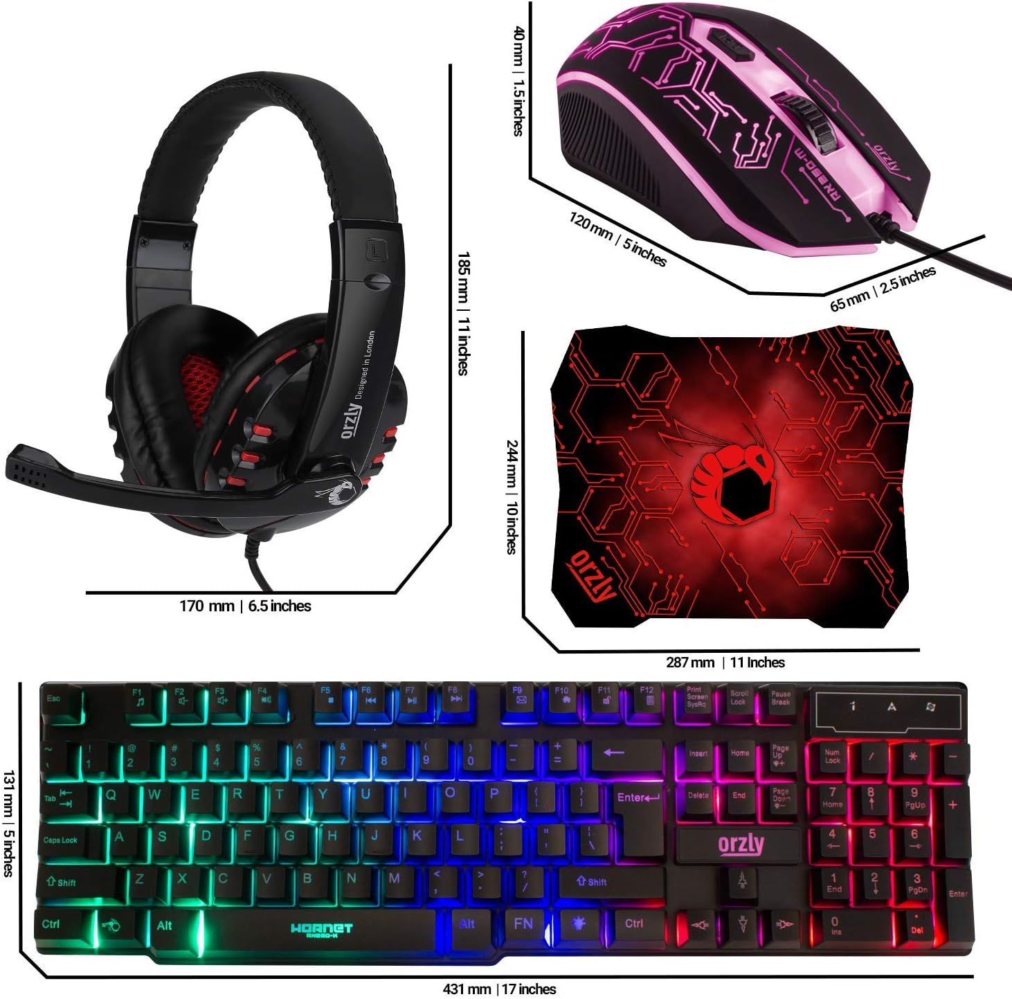 Gaming Keyboard and Mouse and Mouse pad and Gaming Headset, Wired LED RGB Backlight Bundle for PC Gamers Users - 4 in 1 Gift Box Edition Hornet RX-250-6