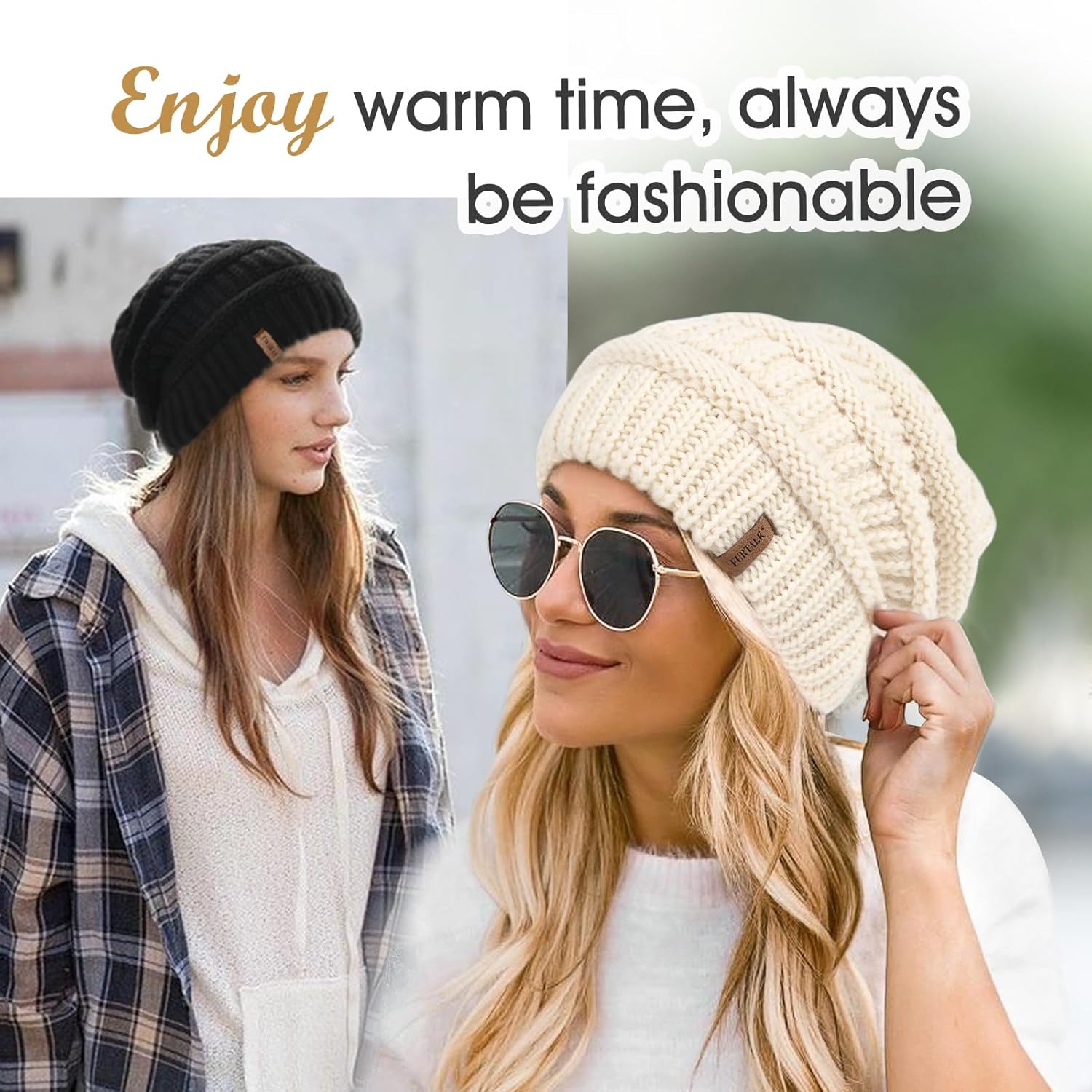 FURTALK Knit Beanie Hat for Ladies Fleece Line Ski Skull Cap Slouchy Winter Hats for Women-4