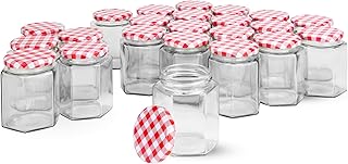 Hexagonal Mouth Glass Jam Jars - Set of 24 | 250ml Capacity | Glass Preserve Pots | Screw Top | Gingham Lids | Airtight Pickle & Sauce Jars | M&W