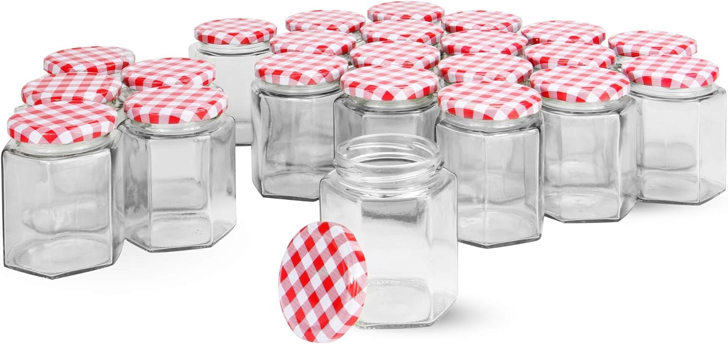 Hexagonal Mouth Glass Jam Jars - Set of 24 | 250ml Capacity | Glass Preserve Pots | Screw Top | Gingham Lids | Airtight Pickle & Sauce Jars | M&W-0