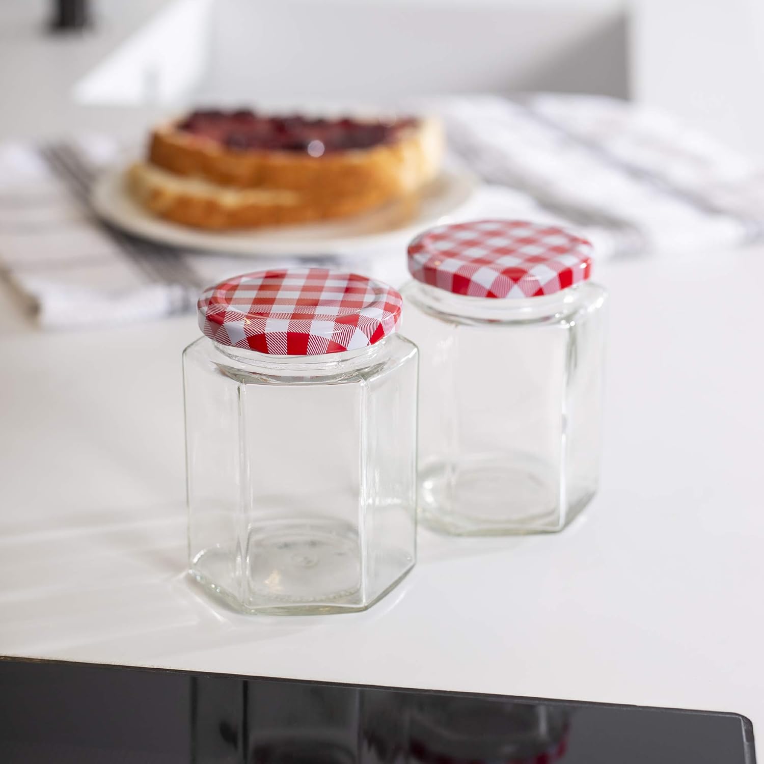 Hexagonal Mouth Glass Jam Jars - Set of 24 | 250ml Capacity | Glass Preserve Pots | Screw Top | Gingham Lids | Airtight Pickle & Sauce Jars | M&W-1