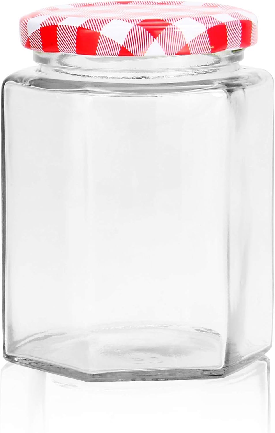 Hexagonal Mouth Glass Jam Jars - Set of 24 | 250ml Capacity | Glass Preserve Pots | Screw Top | Gingham Lids | Airtight Pickle & Sauce Jars | M&W-2