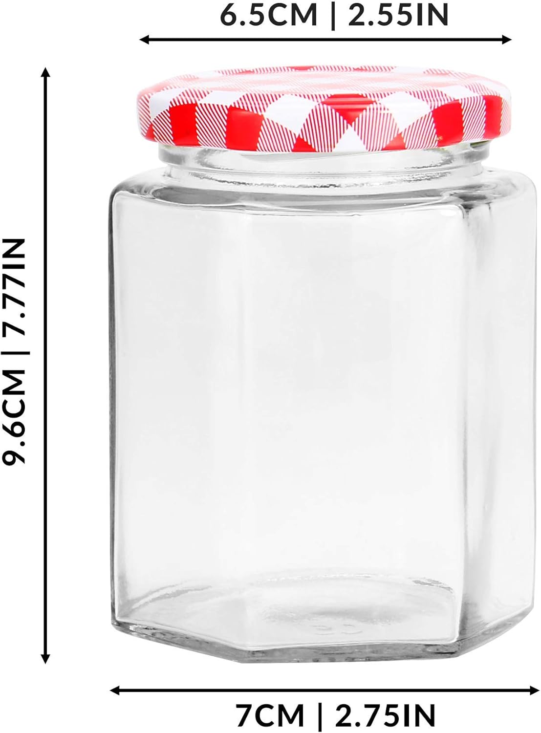 Hexagonal Mouth Glass Jam Jars - Set of 24 | 250ml Capacity | Glass Preserve Pots | Screw Top | Gingham Lids | Airtight Pickle & Sauce Jars | M&W-4