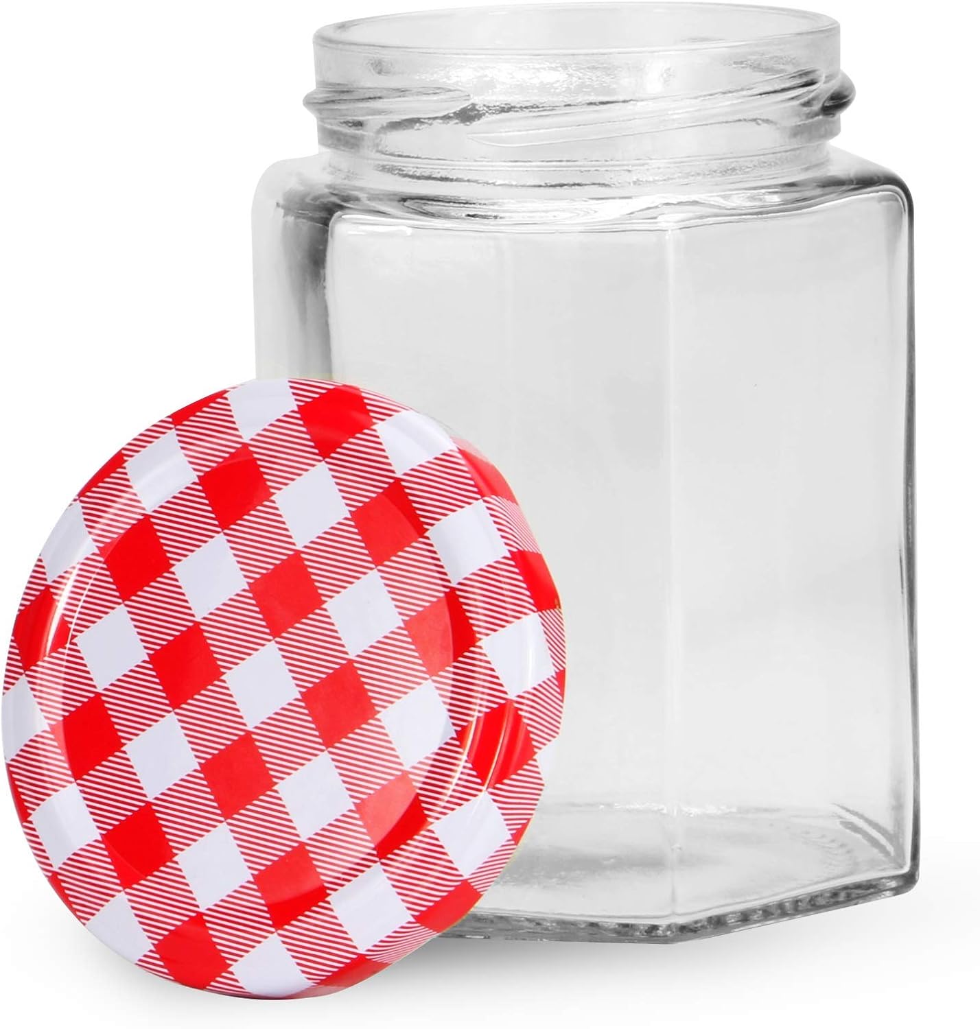 Hexagonal Mouth Glass Jam Jars - Set of 24 | 250ml Capacity | Glass Preserve Pots | Screw Top | Gingham Lids | Airtight Pickle & Sauce Jars | M&W-7