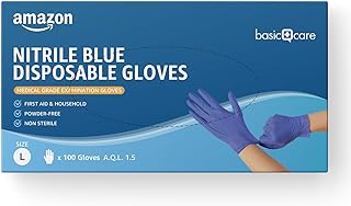 Amazon Basic Care Nitrile Blue Disposable Gloves, Powder-free, Size L, 100 Count (Previously Hevea Brand)