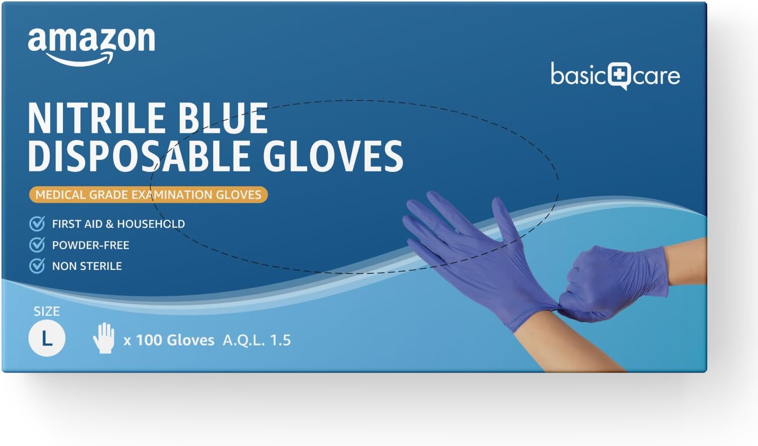 Amazon Basic Care Nitrile Blue Disposable Gloves, Powder-free, Size L, 100 Count (Previously Hevea Brand)-0