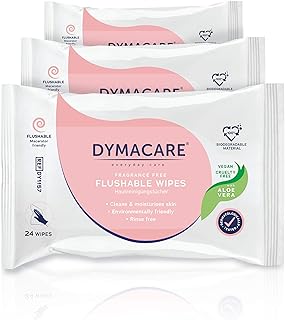 DYMACARE Flushable Wet Wipes | Large Unfragranced Moist Body Cleansing Wipes with Aloe Vera | Plant based biodegradable wipes for Personal Care and all the Family | 3 Packs (72 wipes in total)