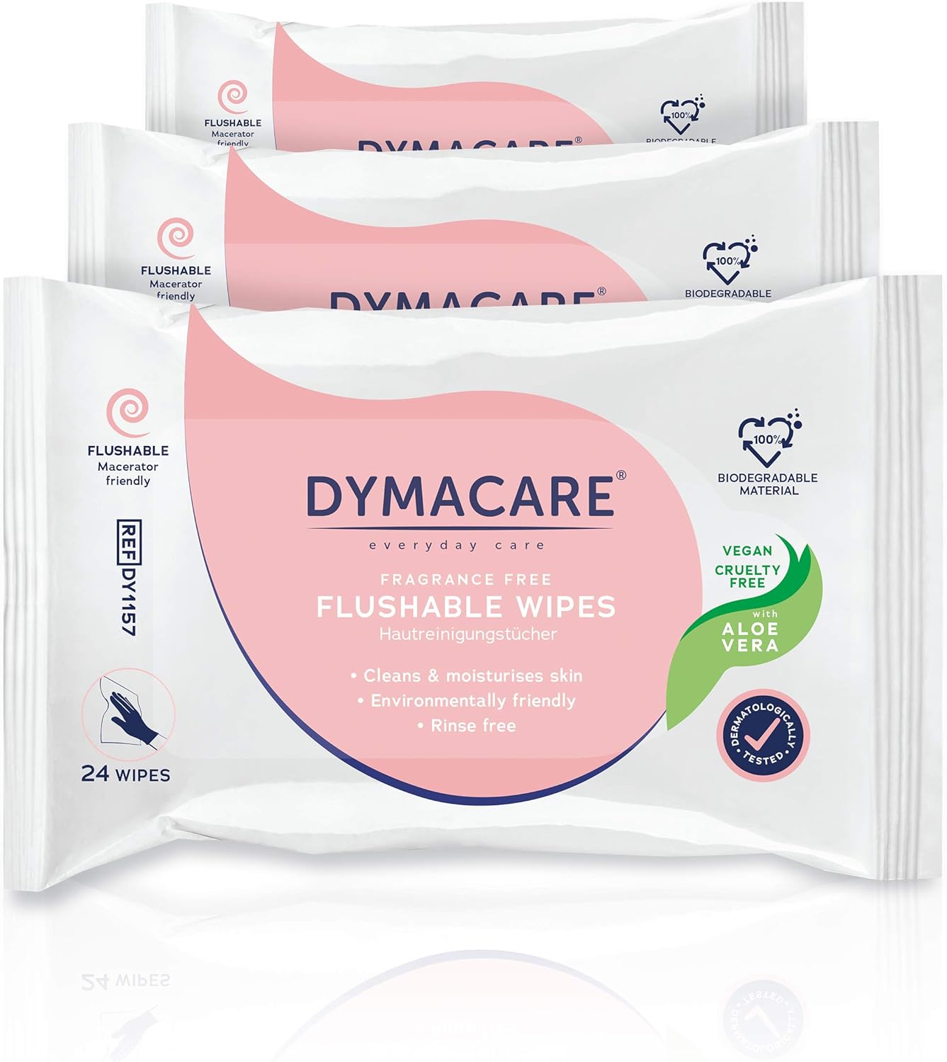 DYMACARE Flushable Wet Wipes | Large Unfragranced Moist Body Cleansing Wipes with Aloe Vera | Plant based biodegradable wipes for Personal Care and all the Family | 3 Packs (72 wipes in total)-0