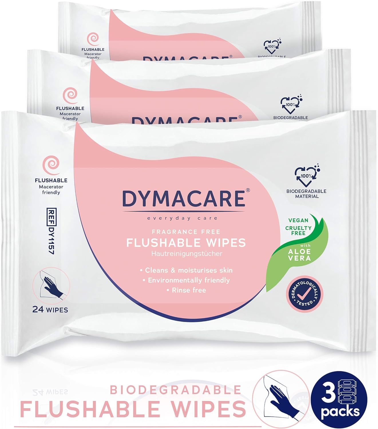 DYMACARE Flushable Wet Wipes | Large Unfragranced Moist Body Cleansing Wipes with Aloe Vera | Plant based biodegradable wipes for Personal Care and all the Family | 3 Packs (72 wipes in total)-7