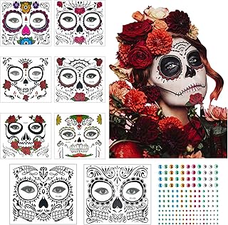 Temporary Face Tattoo,ZERHOK 8pcs Day of the Dead Makeup Stickers Skull Floral Black Skeleton Spider Web Red Rose for Men Women Adult Kid Halloween Masquerade Bachelor Party Fright Night