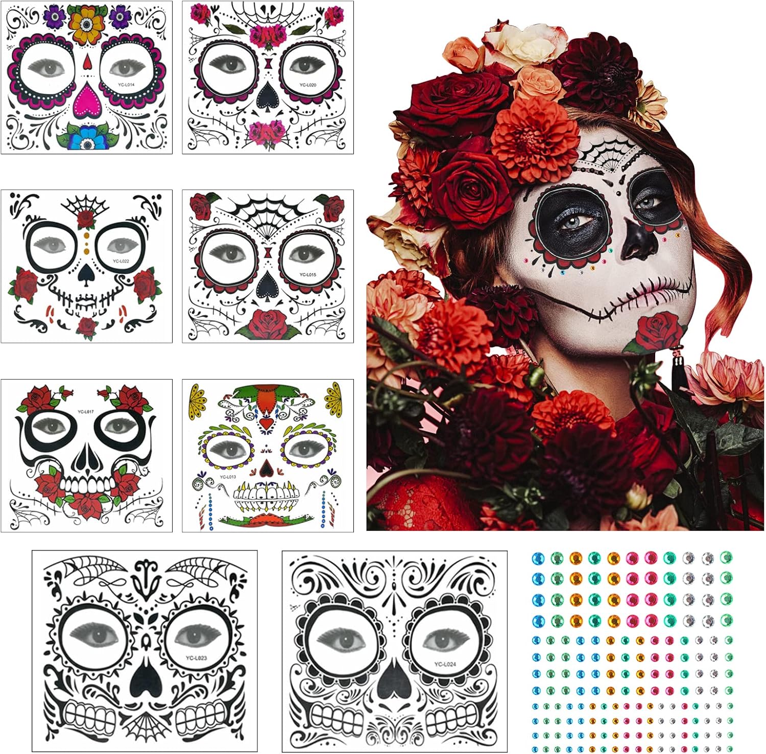 Temporary Face Tattoo,ZERHOK 8pcs Day of the Dead Makeup Stickers Skull Floral Black Skeleton Spider Web Red Rose for Men Women Adult Kid Halloween Masquerade Bachelor Party Fright Night-0