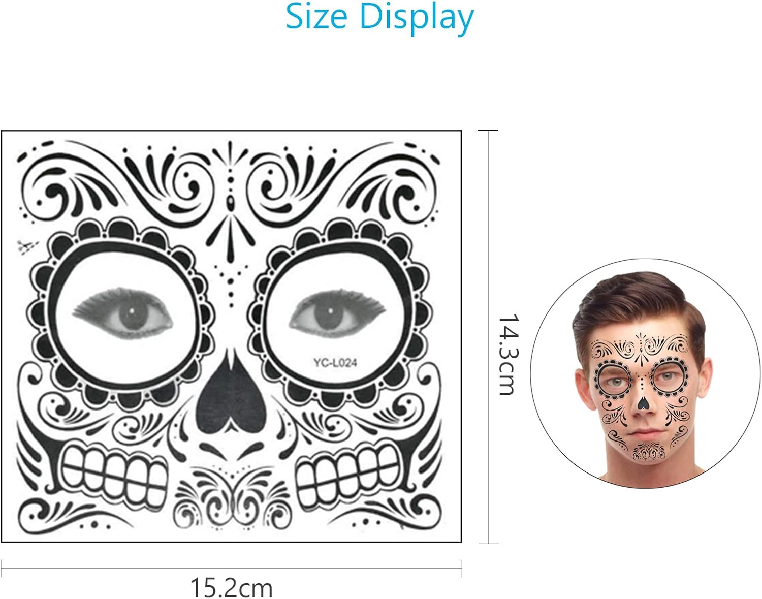 Temporary Face Tattoo,ZERHOK 8pcs Day of the Dead Makeup Stickers Skull Floral Black Skeleton Spider Web Red Rose for Men Women Adult Kid Halloween Masquerade Bachelor Party Fright Night-6