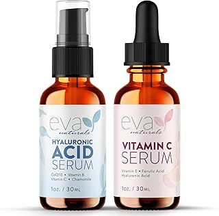 Eva Naturals Hydrate and Brighten Skincare Bundle - Includes Hyaluronic Acid Serum and 20% Vitamin C Serum - Restores Lost Moisture, Plumps Skin while Toning and Brightens and Smooths the Complexion