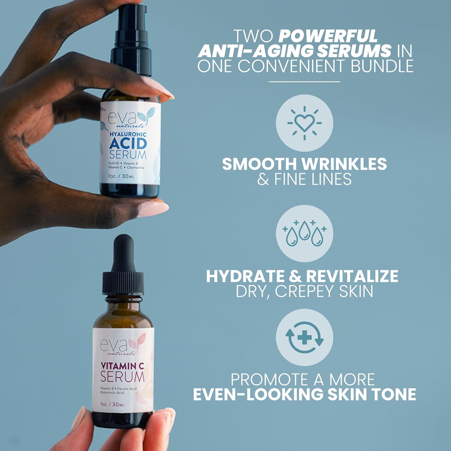 Eva Naturals Hydrate and Brighten Skincare Bundle - Includes Hyaluronic Acid Serum and 20% Vitamin C Serum - Restores Lost Moisture, Plumps Skin while Toning and Brightens and Smooths the Complexion-1