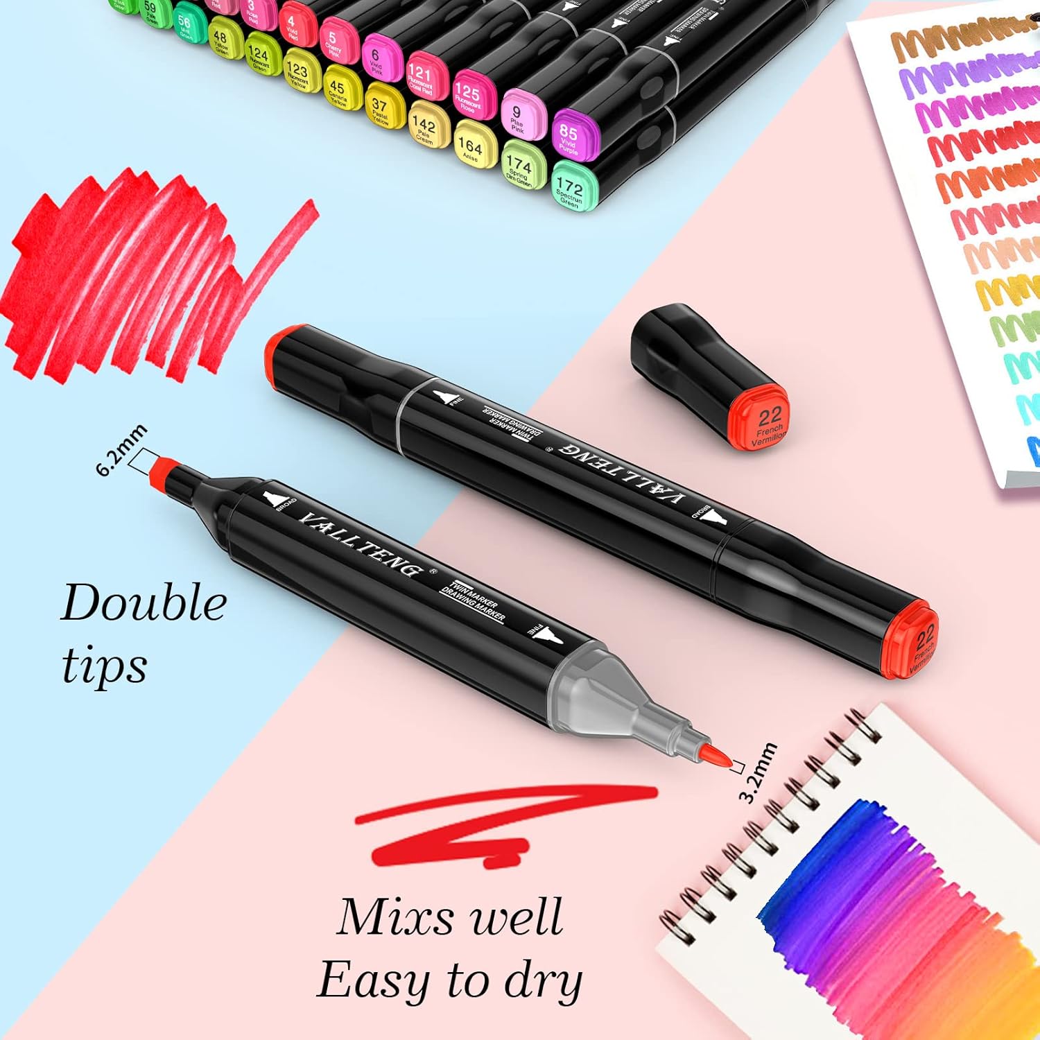 Vallteng 80 Colors Graphic Marker Pen Dual Tip Sketch Pen Twin Marker Double Ended Finecolour Sketch Marker Broad and Fine Point Tip with Black Bag-3