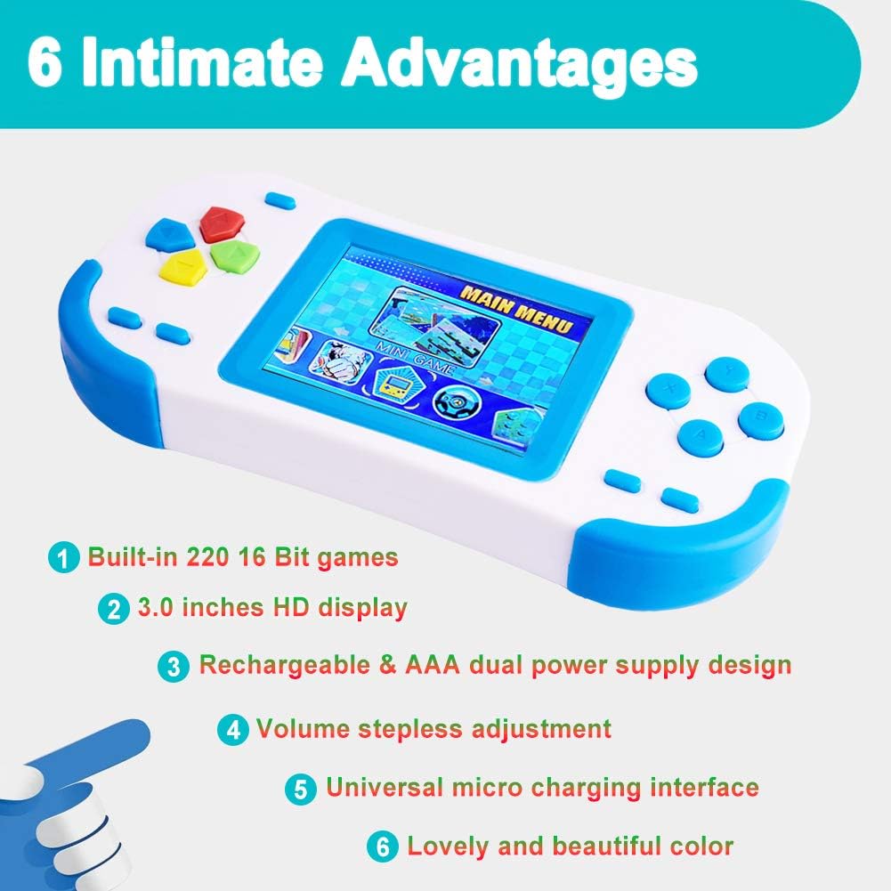 Bornkid 16 Bit Handheld Games Consoles for Kids and Adults with Built in 220 HD Classic Retro Video Games 3.0'' Large Screen Senior Electronic Handheld Game Player Children Birthday Gift (Blue)-2