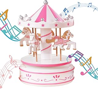 MINGZE Carousel Music Box, Music of Castle in the Sky, 11 Colors, Clockwork Vintage Merry-Go-Round Toy Birthday/Christmas/Decoration/Children Gifts (Flower-pink)