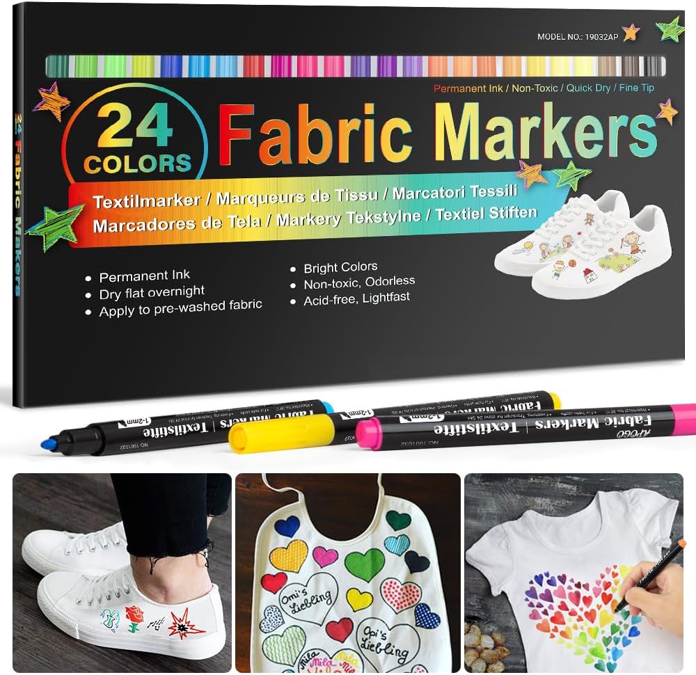 24 Fabric Pens Permanent for Clothes White T Shirt Design Kit Canvas Tote Bag Pillowcases Plain Cotton Bags Shoes Baby Shower Games, and Craft Paint Pens Art Markers for Adults Kids Gift-0