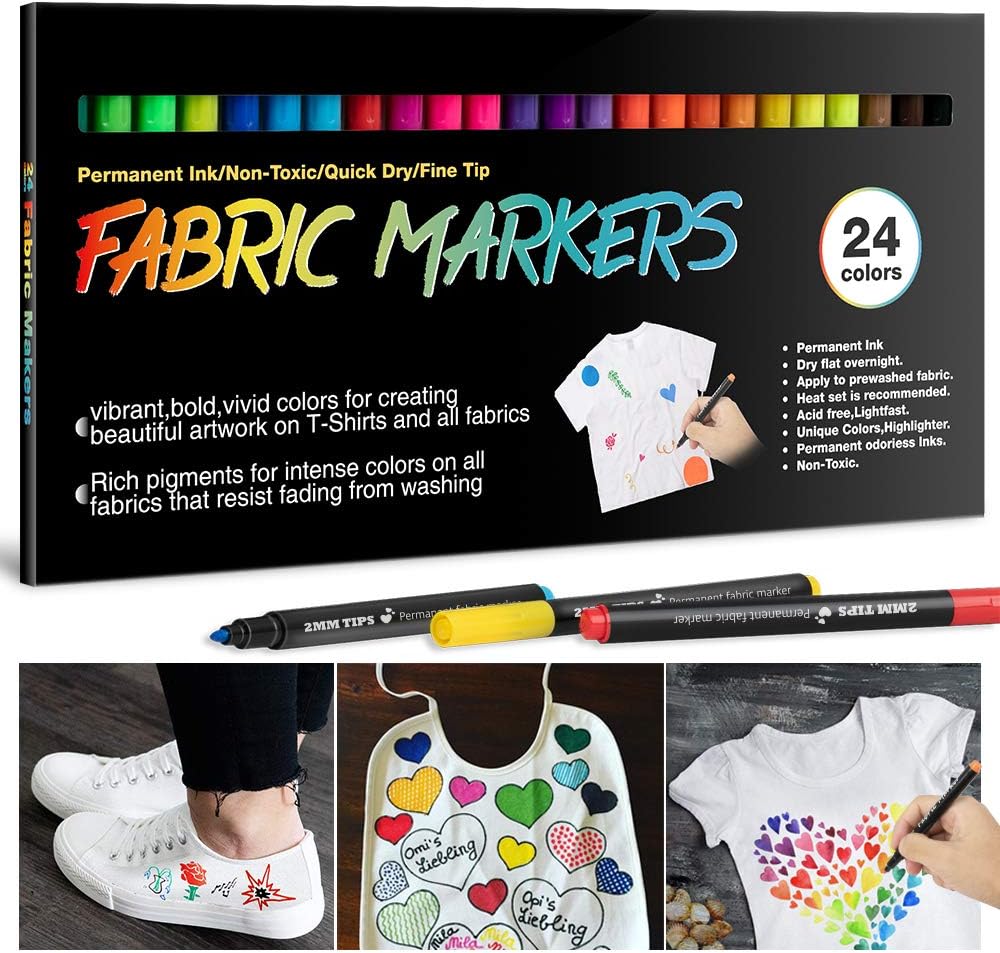 24 Fabric Pens Permanent for Clothes White T Shirt Design Kit Canvas Tote Bag Pillowcases Plain Cotton Bags Shoes Baby Shower Games, and Craft Paint Pens Art Markers for Adults Kids Gift-6