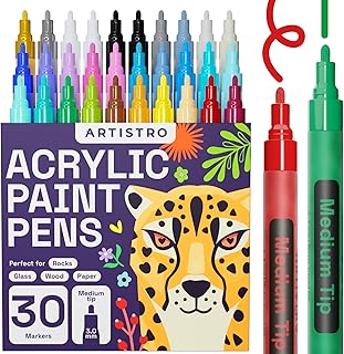 ARTISTRO Acrylic Paint Markers Pens – 30 Acrylic Paint Pens Medium Tip (2mm) - Great for Rock Painting, Wood, Fabric, Card, Paper, Ceramic & Glass - 28 Colors + Extra Black & White Paint Marker Set