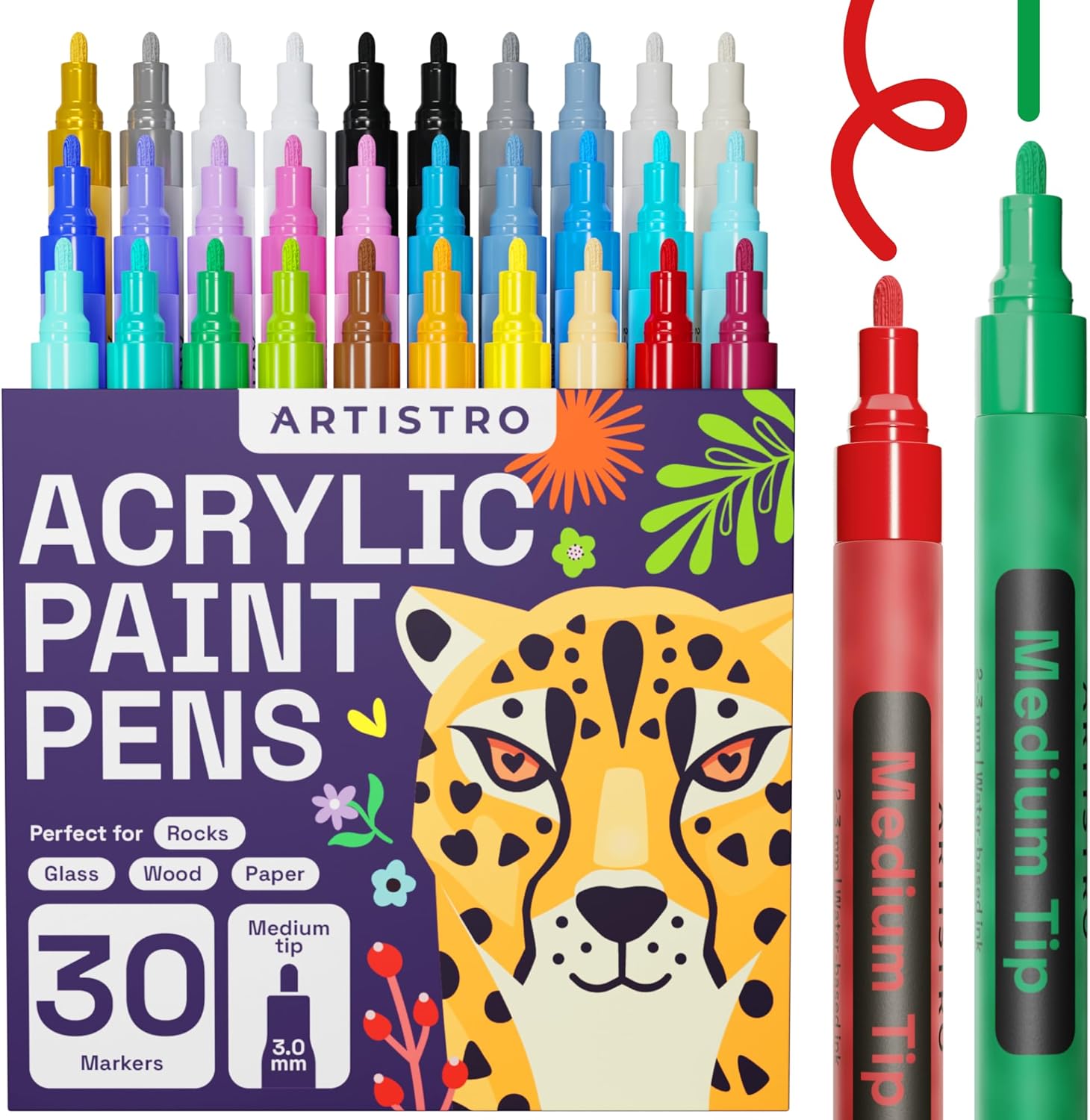 ARTISTRO Acrylic Paint Markers Pens – 30 Acrylic Paint Pens Medium Tip (2mm) - Great for Rock Painting, Wood, Fabric, Card, Paper, Ceramic & Glass - 28 Colors + Extra Black & White Paint Marker Set-0