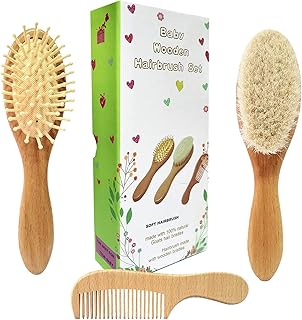 Molylove 3 Piece Baby Hair Brush and Comb Set for Newborn - Natural Wooden Hairbrush with Soft Goat Bristles for Cradle Cap - Perfect Scalp Grooming Product for Infant, Toddler, Kids - Baby