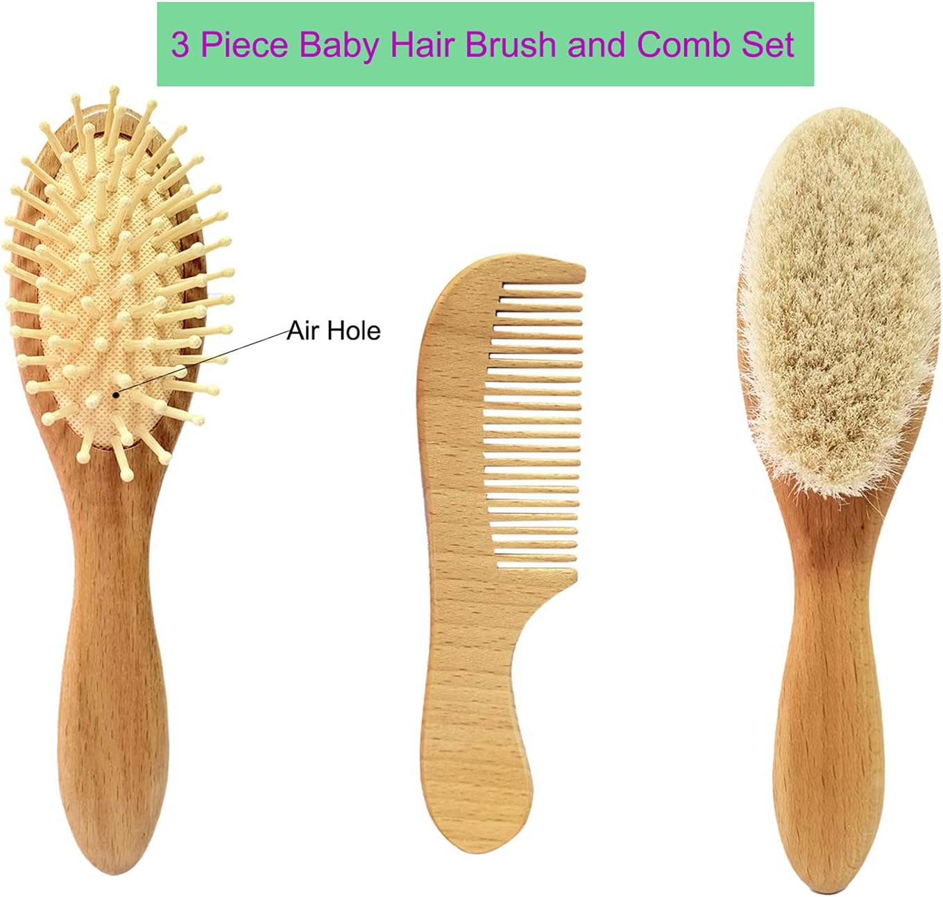 Molylove 3 Piece Baby Hair Brush and Comb Set for Newborn - Natural Wooden Hairbrush with Soft Goat Bristles for Cradle Cap - Perfect Scalp Grooming Product for Infant, Toddler, Kids - Baby-1