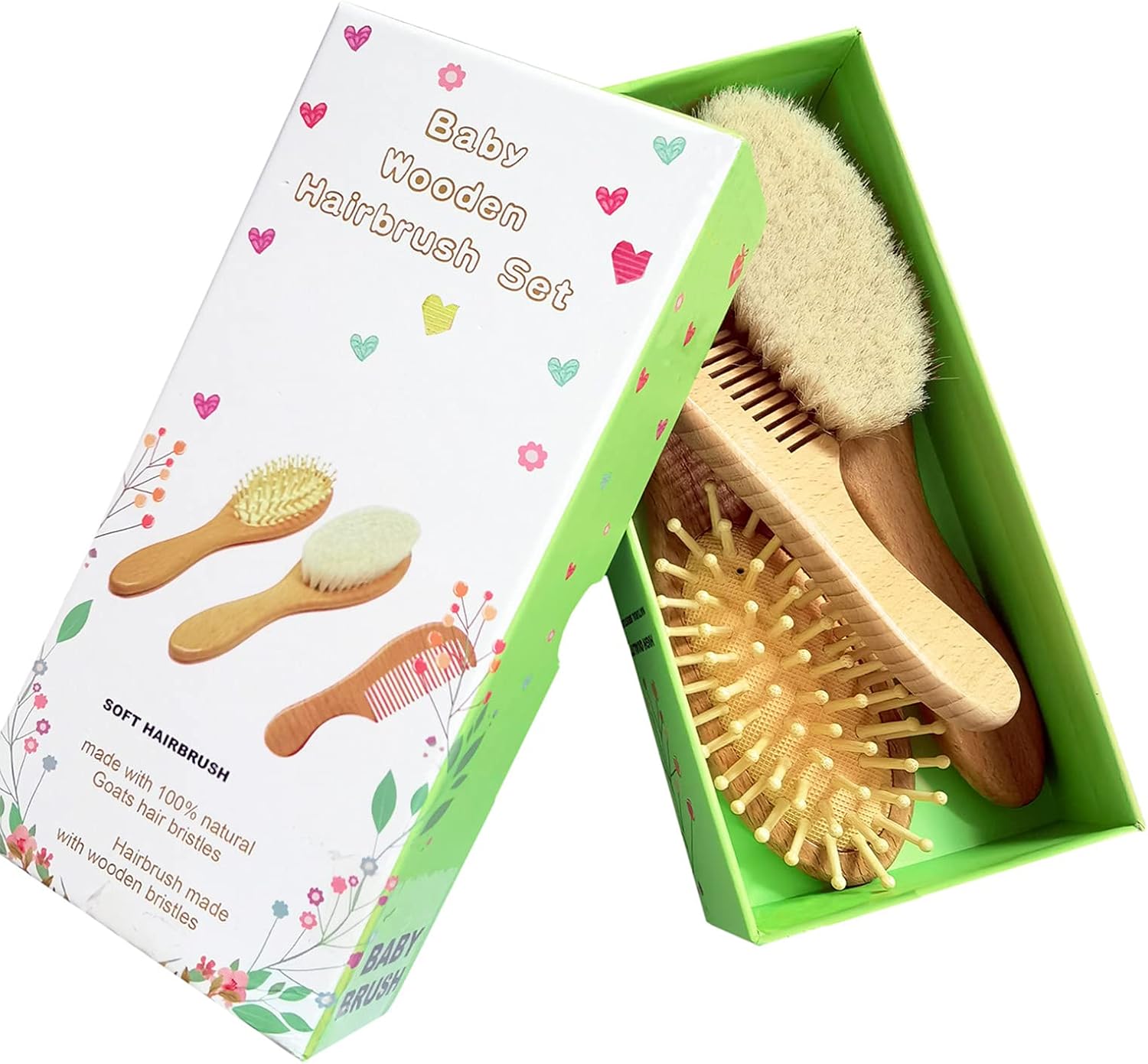 Molylove 3 Piece Baby Hair Brush and Comb Set for Newborn - Natural Wooden Hairbrush with Soft Goat Bristles for Cradle Cap - Perfect Scalp Grooming Product for Infant, Toddler, Kids - Baby-2