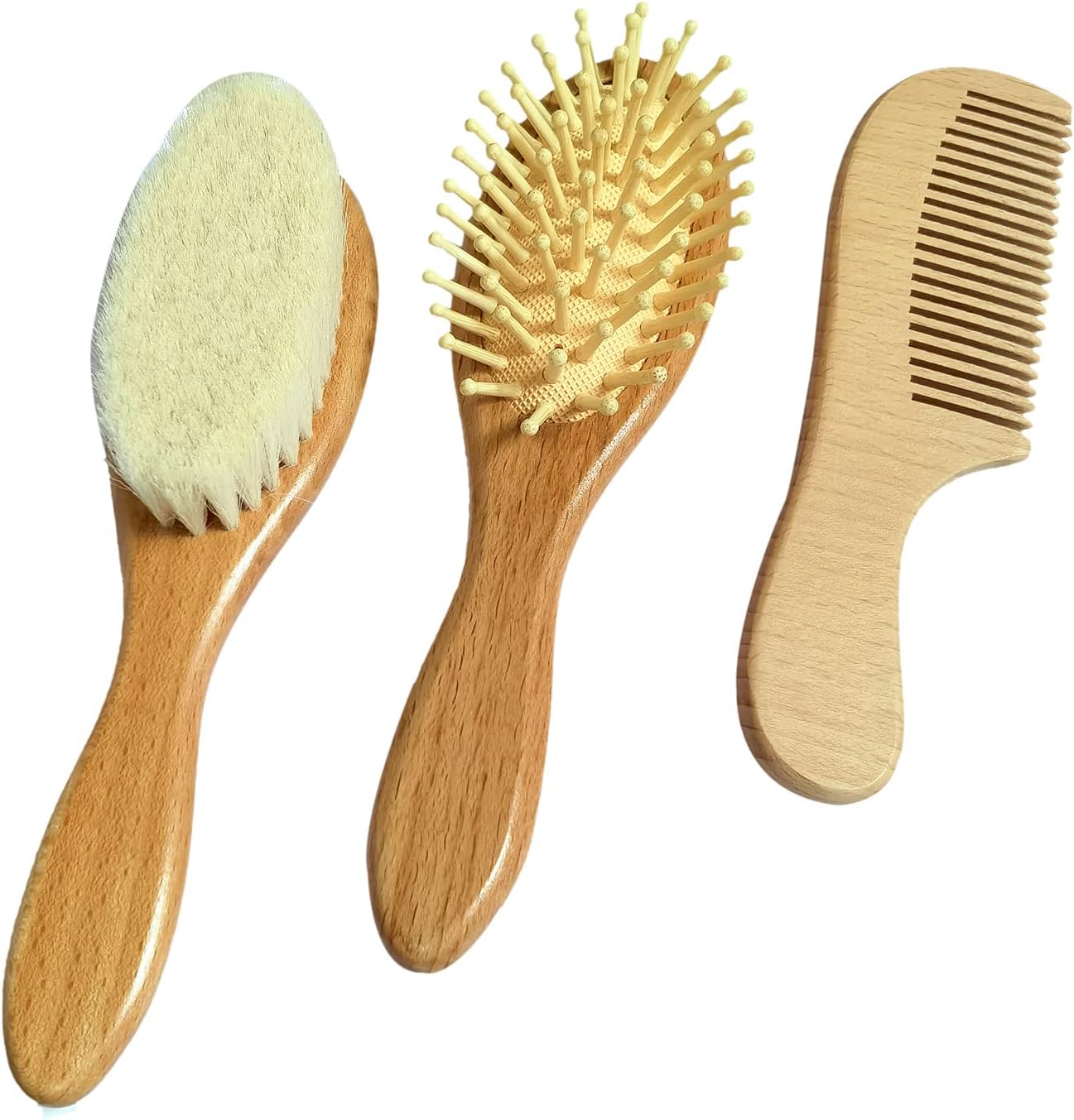 Molylove 3 Piece Baby Hair Brush and Comb Set for Newborn - Natural Wooden Hairbrush with Soft Goat Bristles for Cradle Cap - Perfect Scalp Grooming Product for Infant, Toddler, Kids - Baby-3