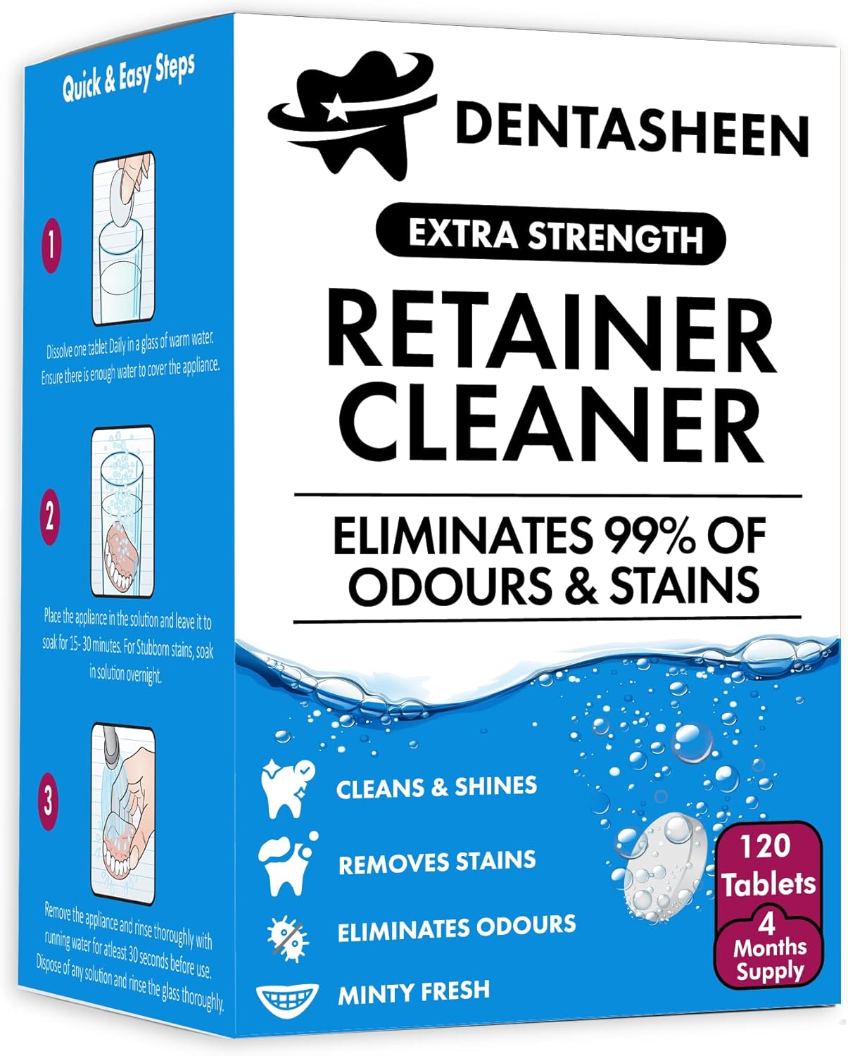 Retainer Cleaner Tablets - 120 Tablets 4 Months Supply - Fresh, Brite and Stain-Free Retainer Cleaning Tablets, Aligner, Gum Shield, Mouth Guard, Denture Cleaners - Dentasheen-0