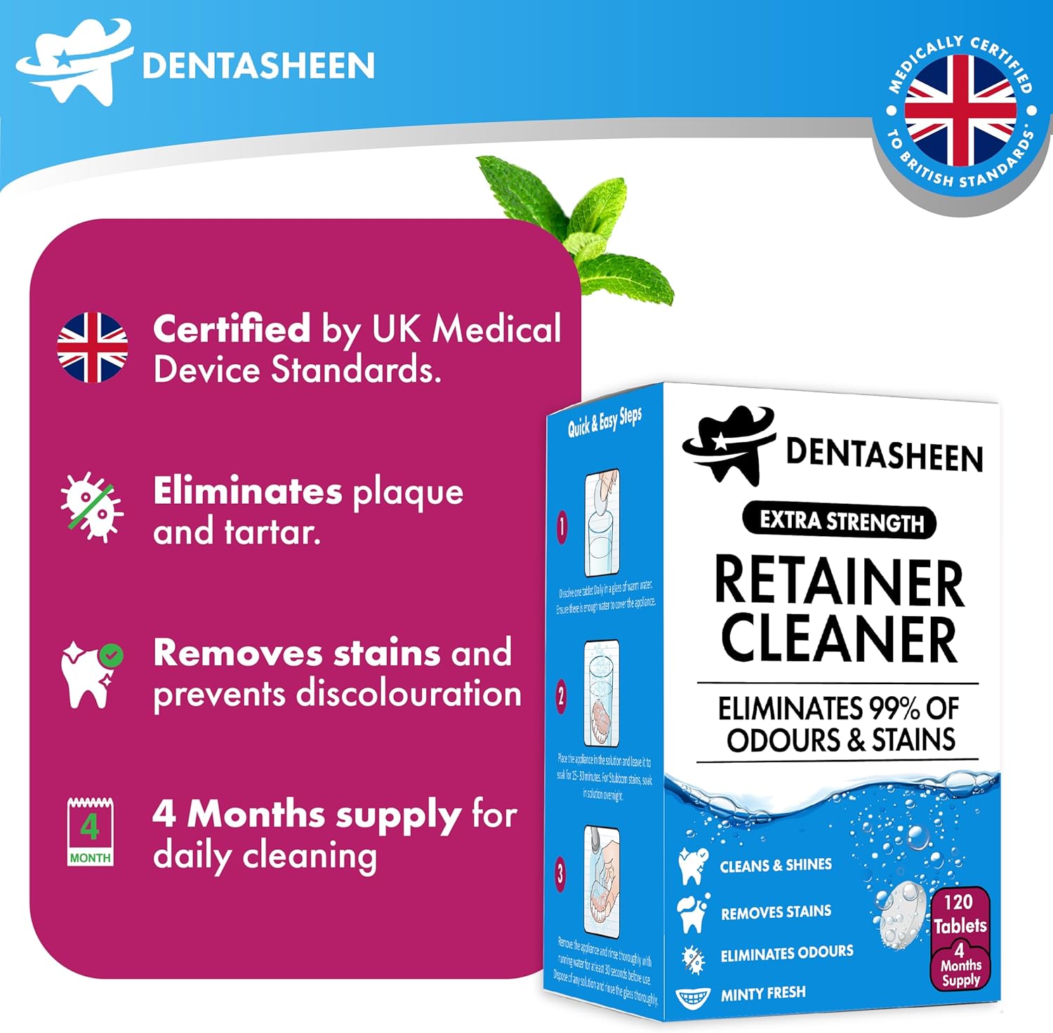 Retainer Cleaner Tablets - 120 Tablets 4 Months Supply - Fresh, Brite and Stain-Free Retainer Cleaning Tablets, Aligner, Gum Shield, Mouth Guard, Denture Cleaners - Dentasheen-1