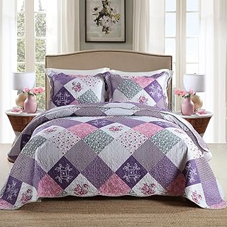 Qucover Quilted Bedspreads King Size Soft Pylo-Cotton Beautiful Chic Purple Bedspread With Floral Patchwork Pattern Quilted Throw King Size 230x250 cm and Pillowcases