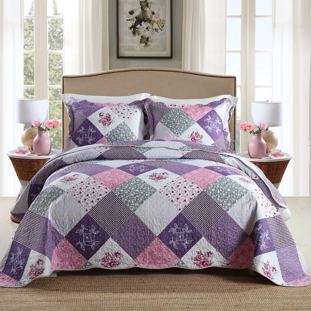 Qucover Quilted Bedspreads King Size Soft Pylo-Cotton Beautiful Chic Purple Bedspread With Floral Patchwork Pattern Quilted Throw King Size 230x250 cm and Pillowcases-0