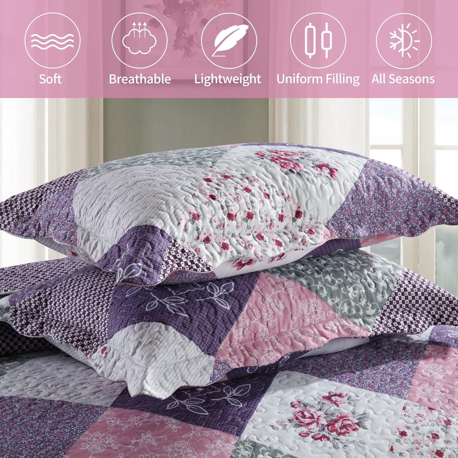 Qucover Quilted Bedspreads King Size Soft Pylo-Cotton Beautiful Chic Purple Bedspread With Floral Patchwork Pattern Quilted Throw King Size 230x250 cm and Pillowcases-3