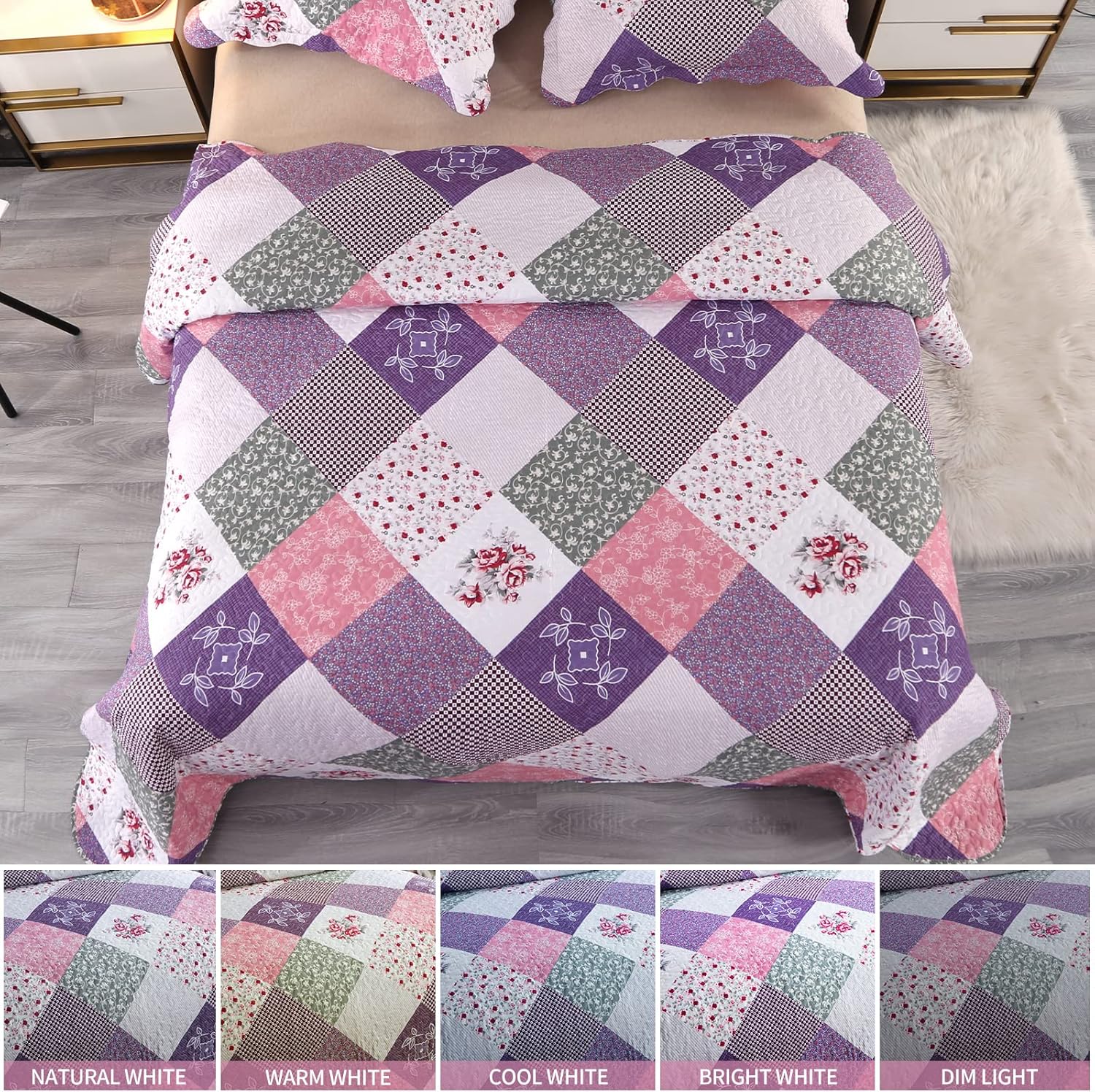 Qucover Quilted Bedspreads King Size Soft Pylo-Cotton Beautiful Chic Purple Bedspread With Floral Patchwork Pattern Quilted Throw King Size 230x250 cm and Pillowcases-4