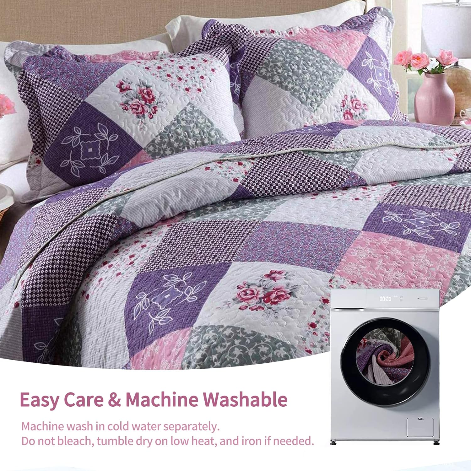 Qucover Quilted Bedspreads King Size Soft Pylo-Cotton Beautiful Chic Purple Bedspread With Floral Patchwork Pattern Quilted Throw King Size 230x250 cm and Pillowcases-5