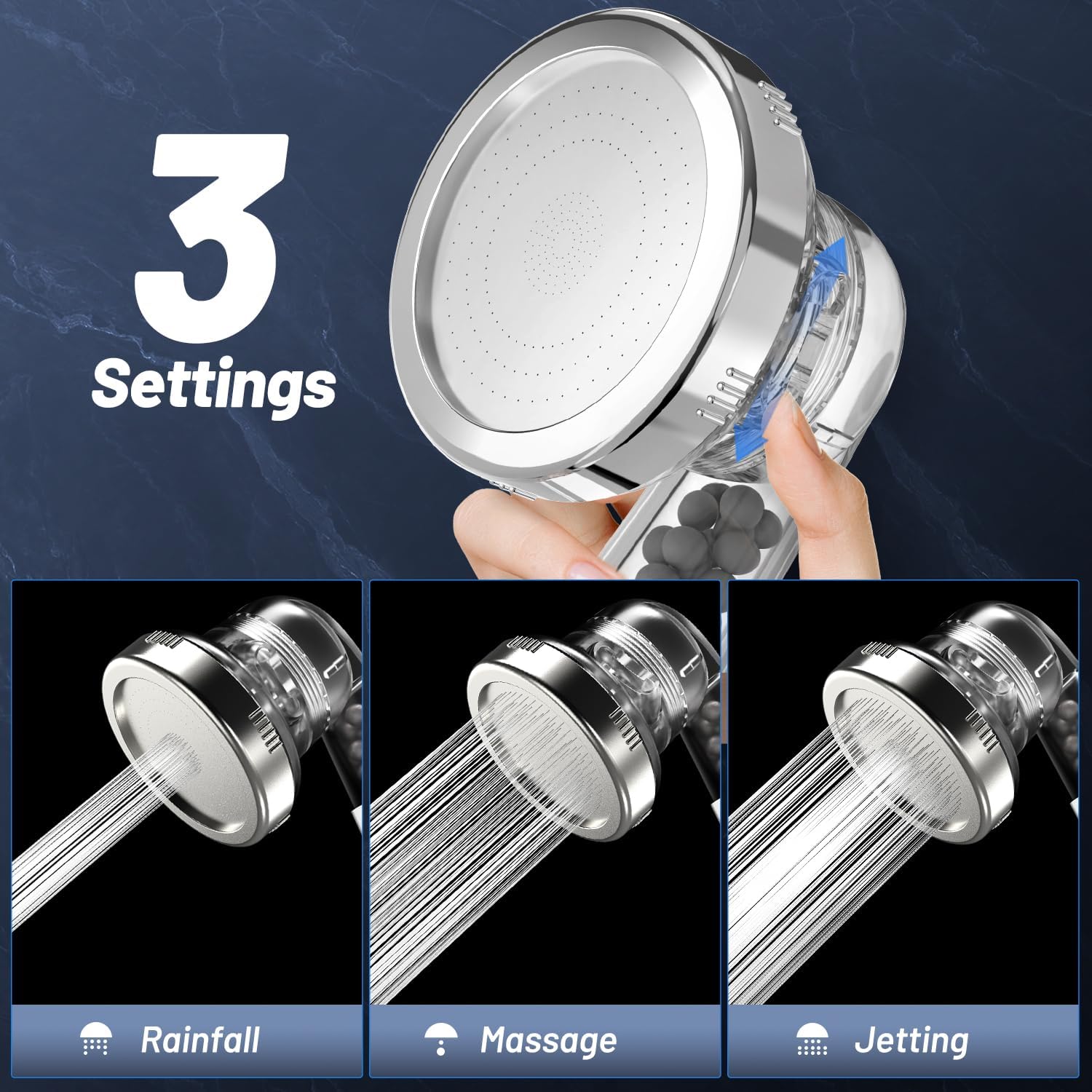 VEHHE Shower Head Powerful Flow with Beads Filter Pressure Boosting Shower Head Spray with 3 Modes Water Saving Bathing for Adults Children Pets Home and Gym Use (White)-1