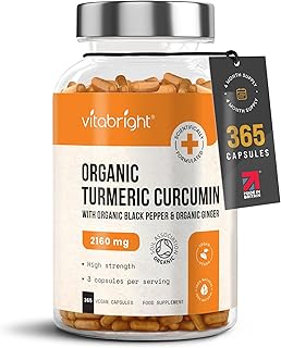 High Strength Turmeric & Black Pepper Capsules 2160mg, 365 Caps/4 Months, Organic Turmeric Ginger & Black Pepper Capsules, Turmeric Curcumin Capsules (Not Tablets) VitaBright Tumeric Supplement Joints