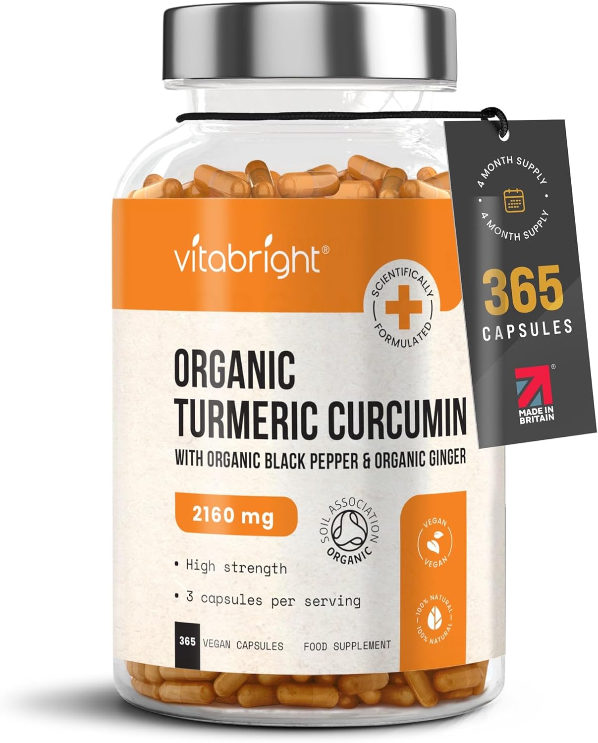 High Strength Turmeric & Black Pepper Capsules 2160mg, 365 Caps/4 Months, Organic Turmeric Ginger & Black Pepper Capsules, Turmeric Curcumin Capsules (Not Tablets) VitaBright Tumeric Supplement Joints-0