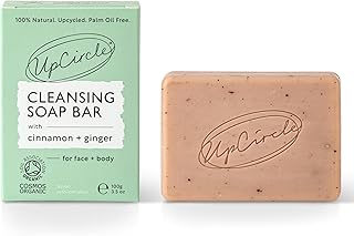 UpCircle Cinnamon + Ginger Chai Soap Bar 100g - Certified Organic Vegan Cleanser For Face And Body - French Pink Clay + Glycerin Reducing Redness + Irritation - Natural, Cruelty-Free + Palm Oil Free